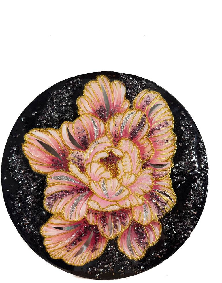 Original Floral Mixed Media by Maryna Daar | Art Deco Art on Glass | Resin Mirrored pink peony with gold leaf and precious stones