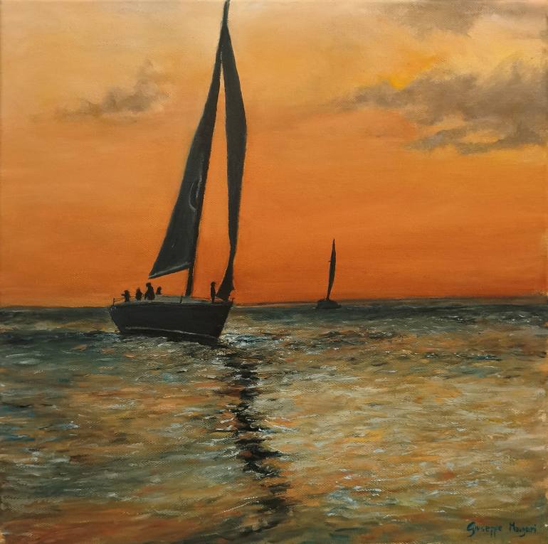 Original Landscape Painting by Giuseppe Maugeri | Figurative Art on Canvas | Sailing on the sunset