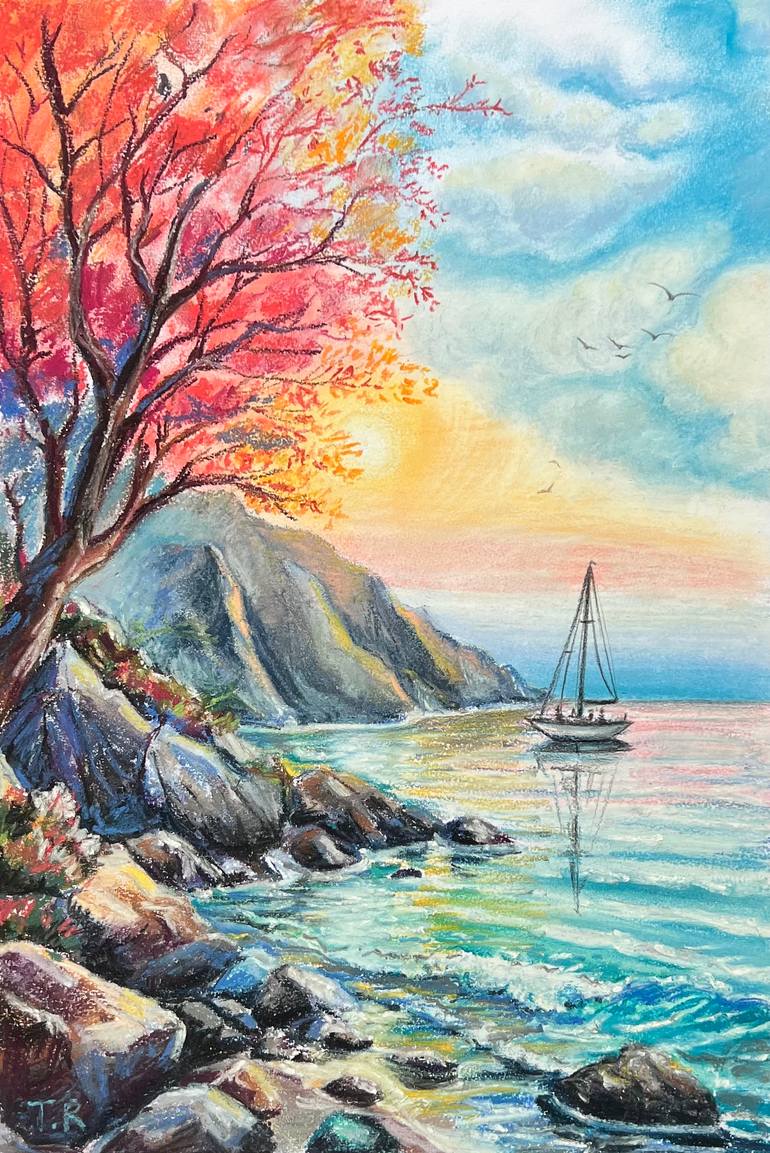 Original Seascape Drawing by Tetiana Romanenko | Impressionism Art on Paper | Sunset Serenity: The Sailing Dream