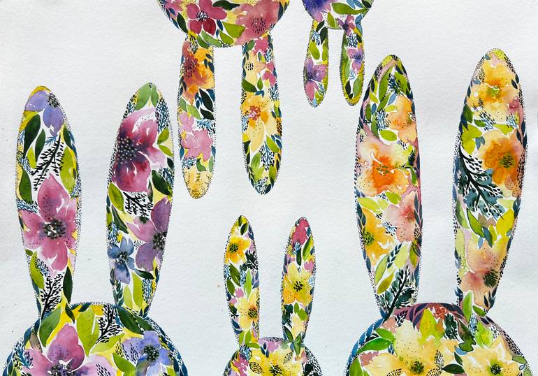 Original Animal Painting by Tetiana Romanenko | Illustration Art on Paper | Blooming Love: Bunny Family of Five