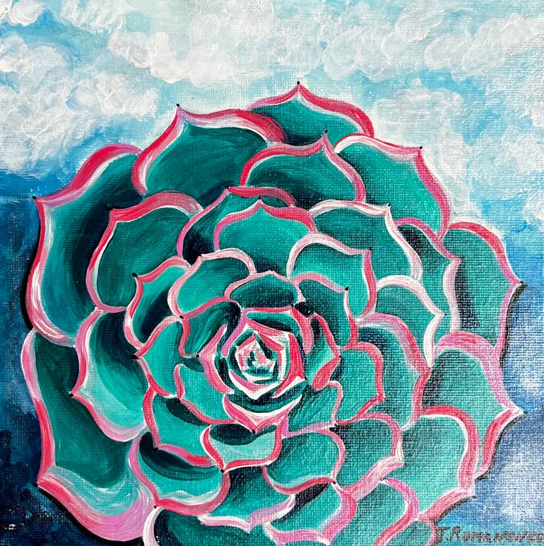 Original Botanic Painting by Tetiana Romanenko  Illustration Art on Canvas  Teal  Pink Mandala Echeveria Original Acrylic Painting