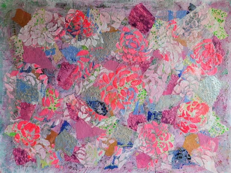 Original Floral Collage by Laura El-baroudi | Abstract Expressionism Art on Acrylic | Pink and White Blooms
