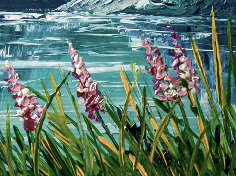Mountain Landscape Flowers by the Alpine Lake Painting by Yuliia