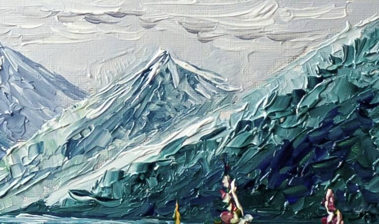 Mountain Landscape Flowers by the Alpine Lake Painting by Yuliia