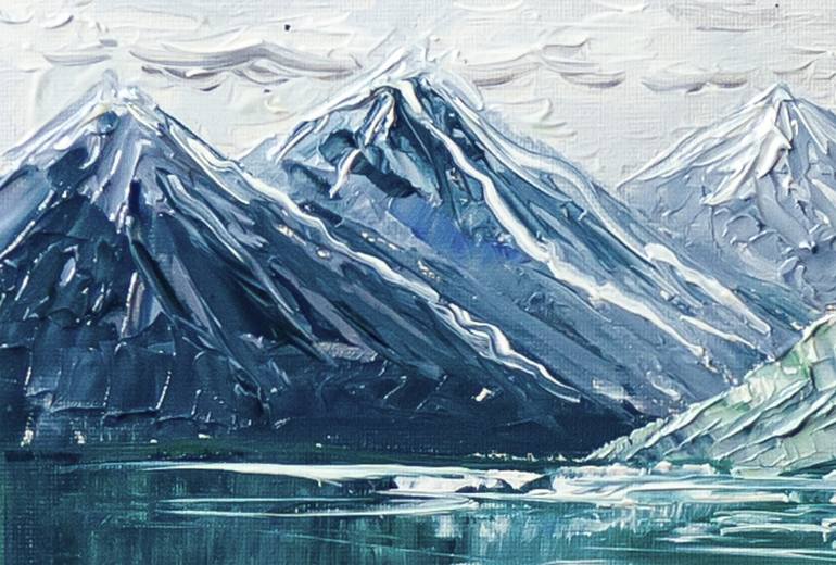 Mountain Landscape Flowers by the Alpine Lake Painting by Yuliia