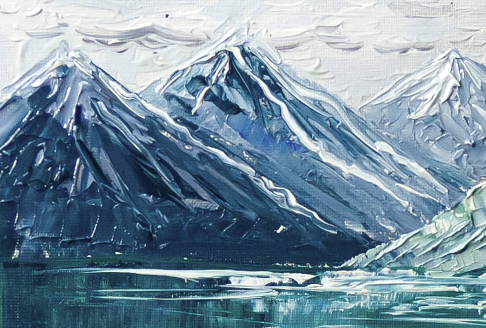 Mountain Landscape Flowers by the Alpine Lake Painting by Yuliia