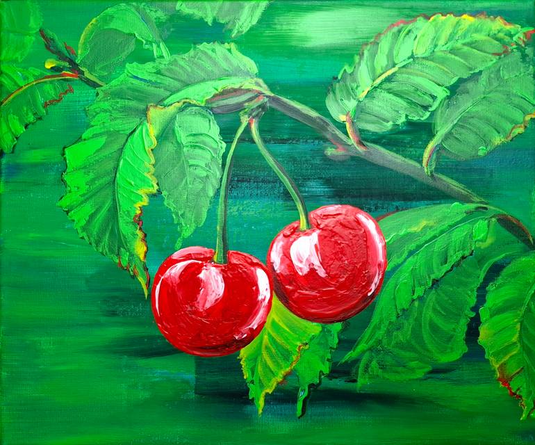 Original Garden Painting by Viktoriia Vorontsova | Color Field Painting Art on Canvas | Still life with cherries and green leaves in the garden