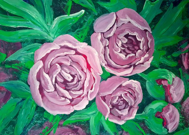 Original Floral Painting by Viktoriia Vorontsova | Art Nouveau Art on Paper | NEW Pink peony flowers with green leaves