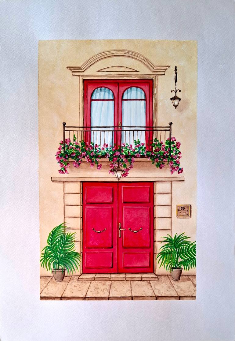 Original Architecture Painting by Viktoriia Vorontsova | Art Nouveau Art on Paper | A House with a Balcony and a Red Door