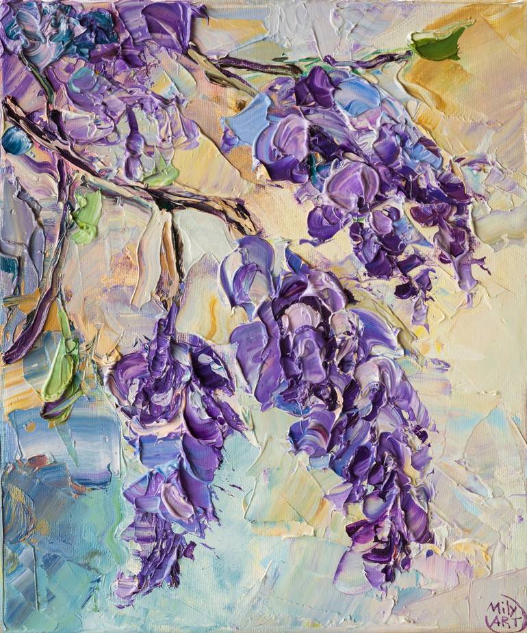 【限定品】 Painting, Wisteria Textured Purple Art Impasto Flowers, 絵画