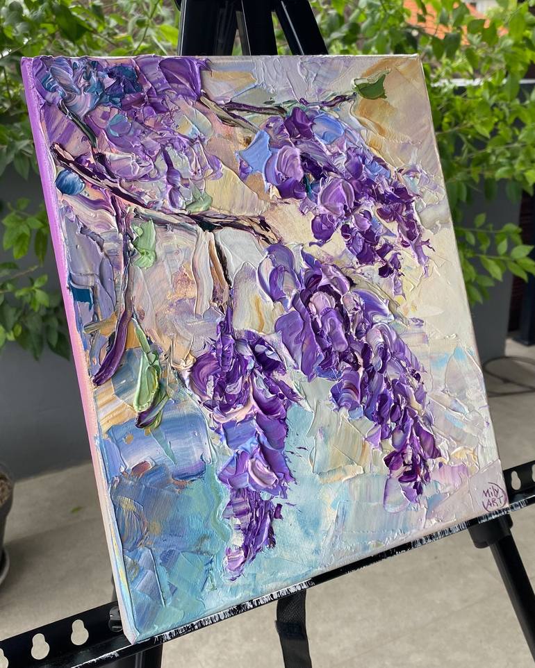 Textured Wisteria Painting, Purple Flowers, Impasto Art