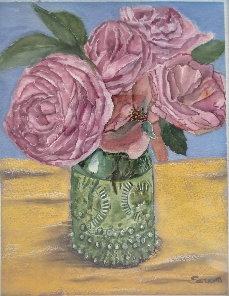 Original Floral Painting by Sara Matthias | Realism Art on Paper | Pink Roses in a Green Glass Vaae Painting