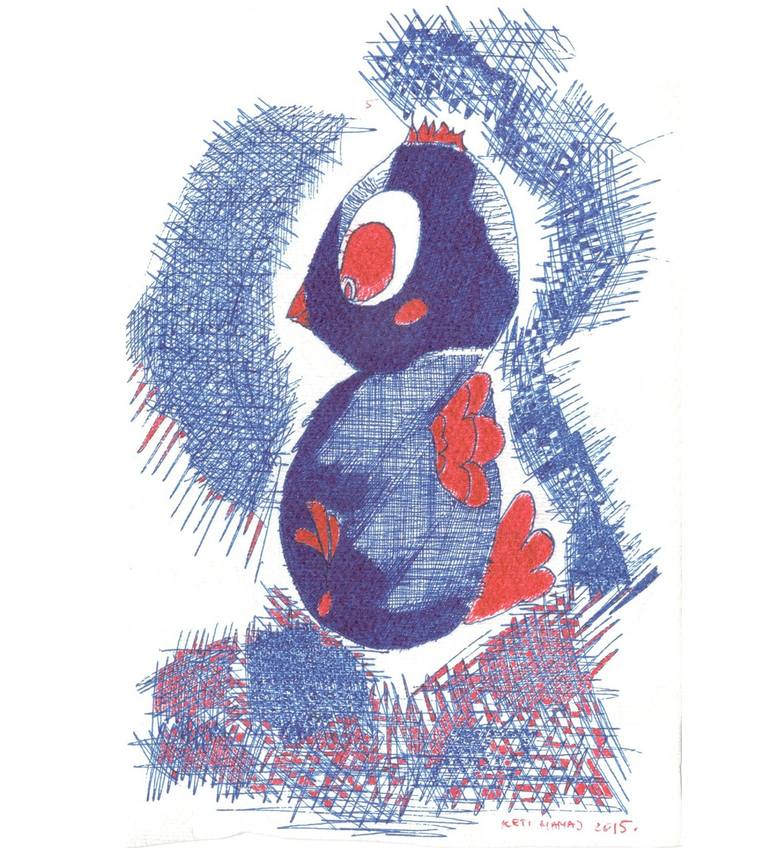 Original Animal Drawing by Riketa Mamaj | Abstract Art on Paper | The Poetry of Dots and Lines - Cute little bird