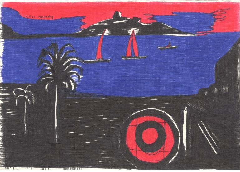 Original Seascape Drawing by Riketa Mamaj | Abstract Art on Paper | The Poetry of Dots and Lines - Sunset