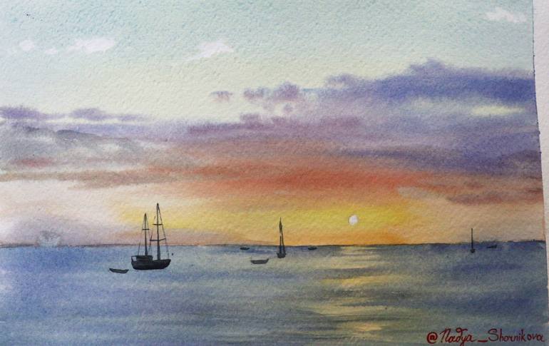 Original Landscape Painting by Nadezhda Shornikova | Impressionism Art on Paper | sunset on the Black Sea