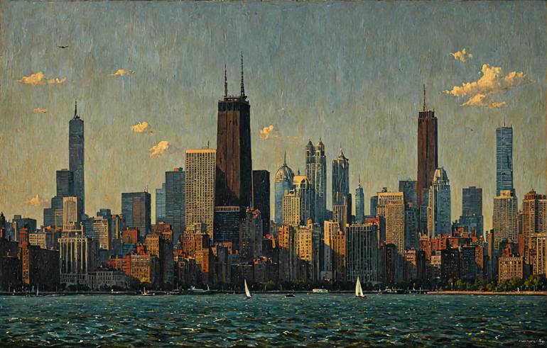 Original Architecture Mixed Media by Nick Maric | Abstract Expressionism Art on Fine Art Paper | City by the Lake