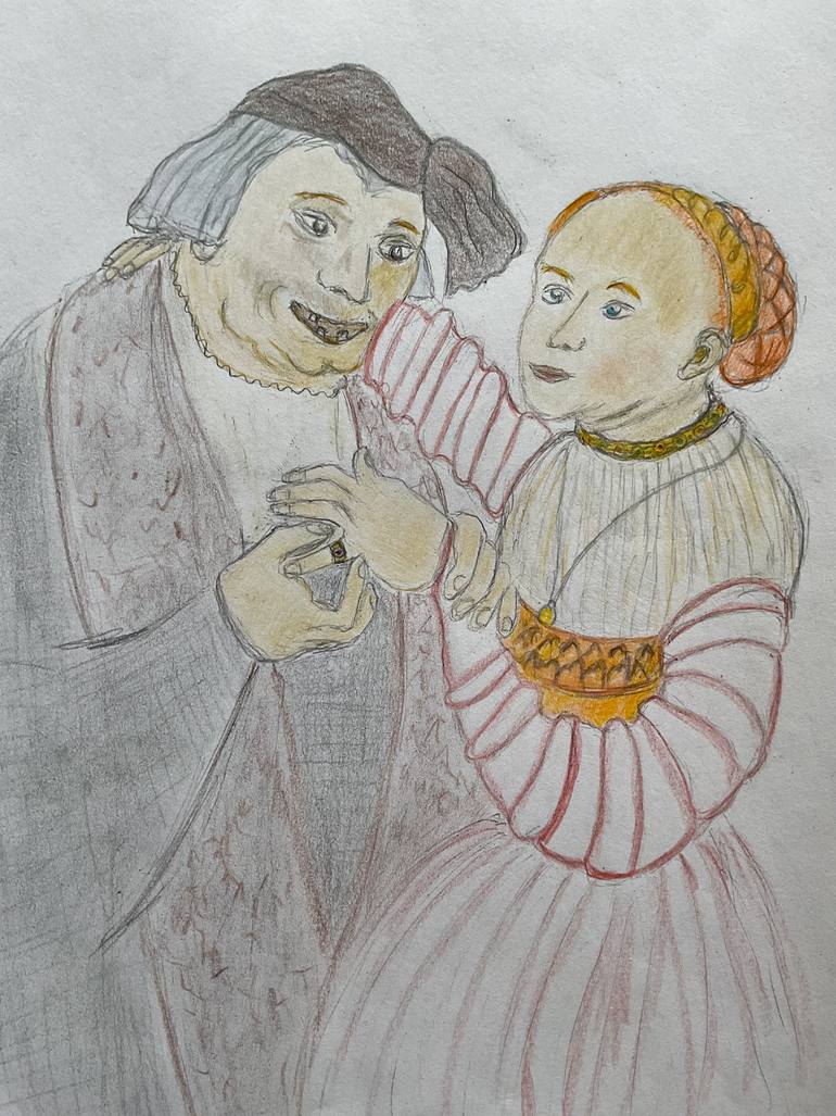 Original Love Drawing by Gisele Van Wambeke | Renaissance Art on Paper | Obsessive love . a and b Cranach the younger