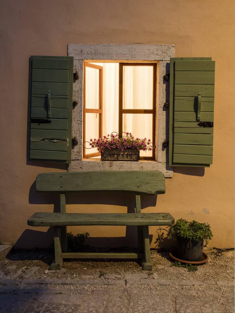 Original Architecture Photography by William Lemke | Contemporary Art on Paper | Bench and Window in Croatia