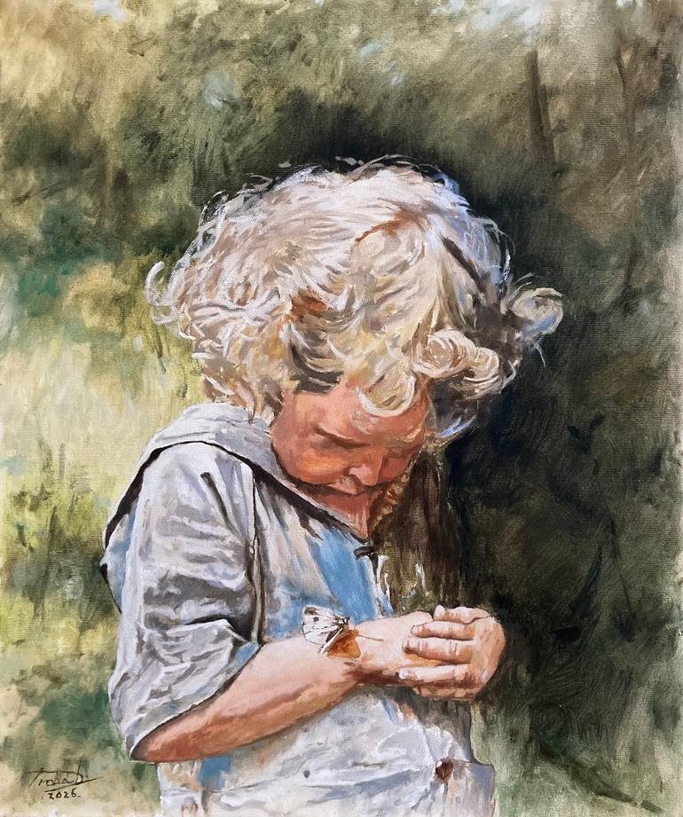 Original Children Painting by David Prokaj | Realism Art on Canvas | Little girl looking at a butterfly
