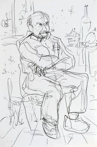 Drawing of a sitting man crossed hands thumb