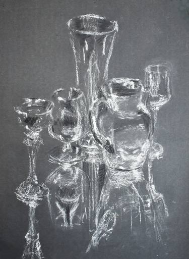 Still life of glasses in white charcoal on black paper thumb