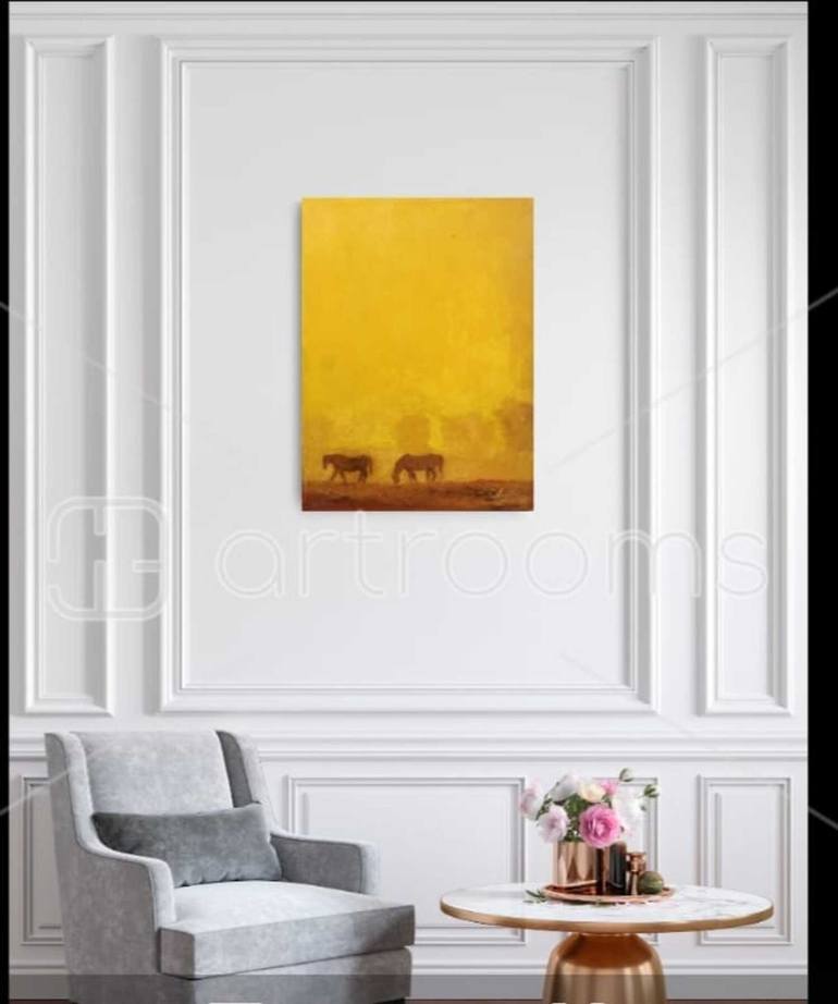 Original Abstract Painting by Amjad Ali | Abstract Art on Canvas | Golden Silence: Horses Beneath the Sunset
