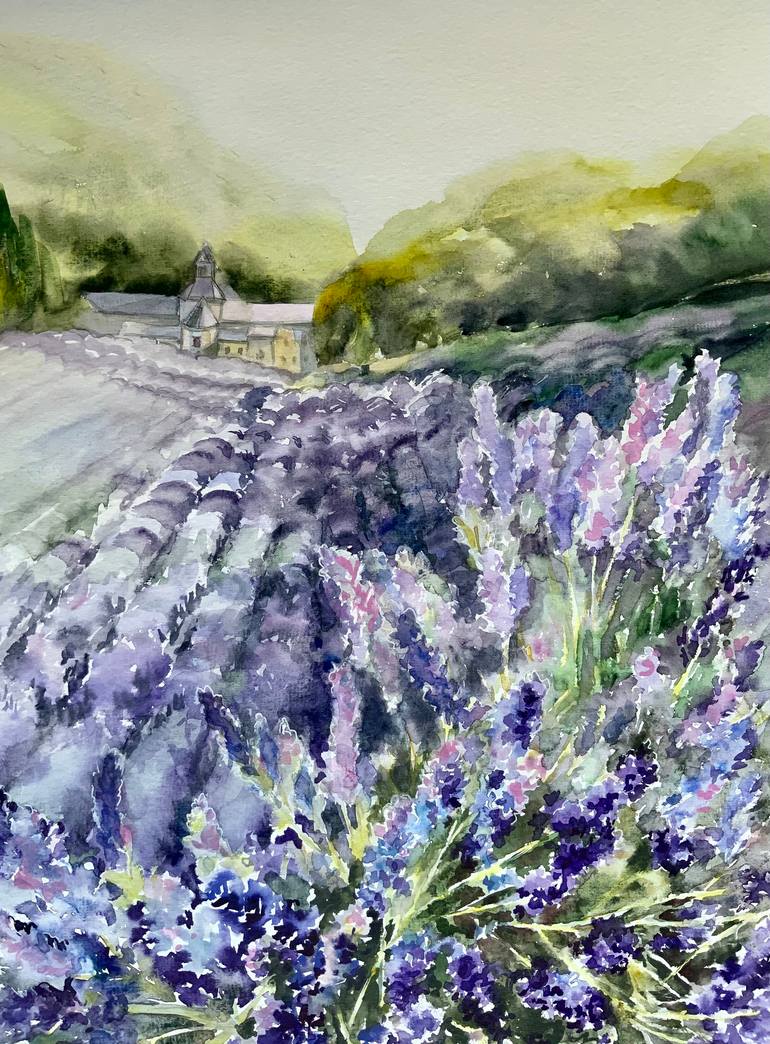 Original Botanic Drawing by Inna Tarasova | Abstract Expressionism Art on Paper | Watercolor " Lavender at Senanque Abbey" size 42kh56 cm