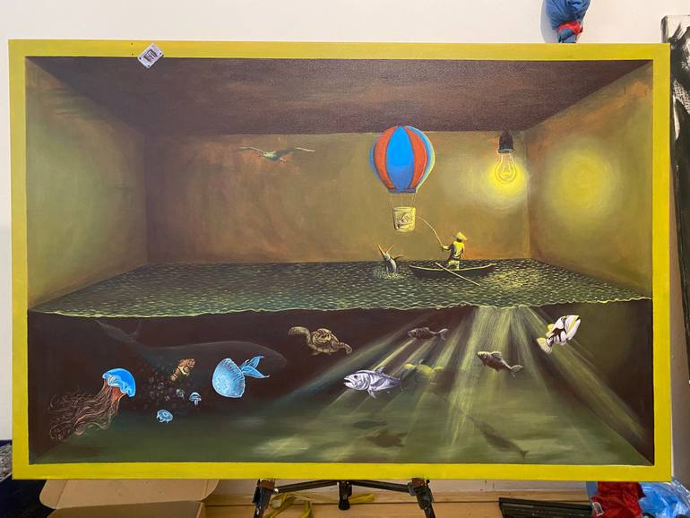 Original Water Painting by Marko Puseljic | Surrealism Art on Canvas | Old man and the Sea