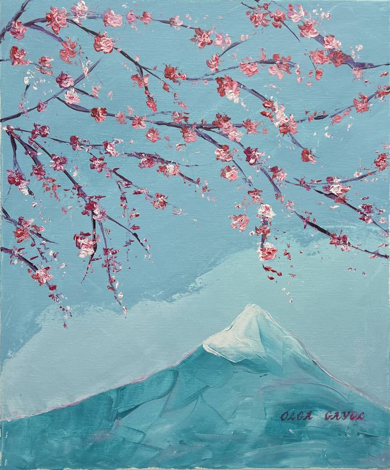 Original Landscape Painting by Olga Gayol | Impressionism Art on Canvas | Cherry Tree's Flowering. The Love of Blue and Pink.