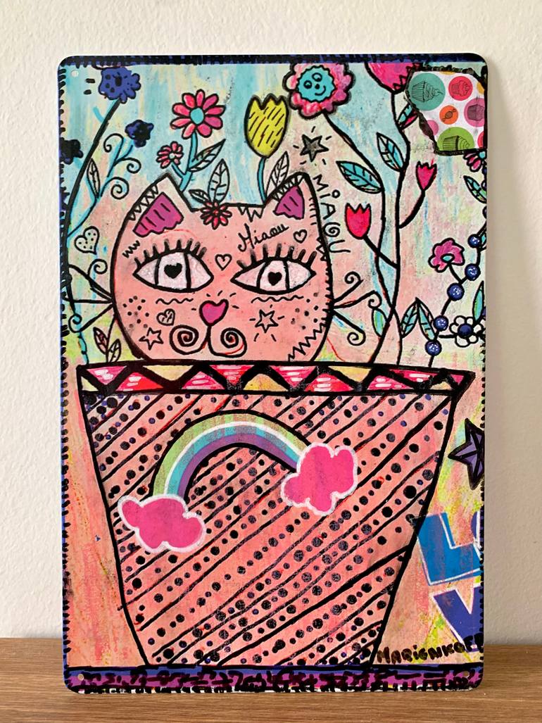 Original Abstract Cats Drawing by Cecilia Marienkoff