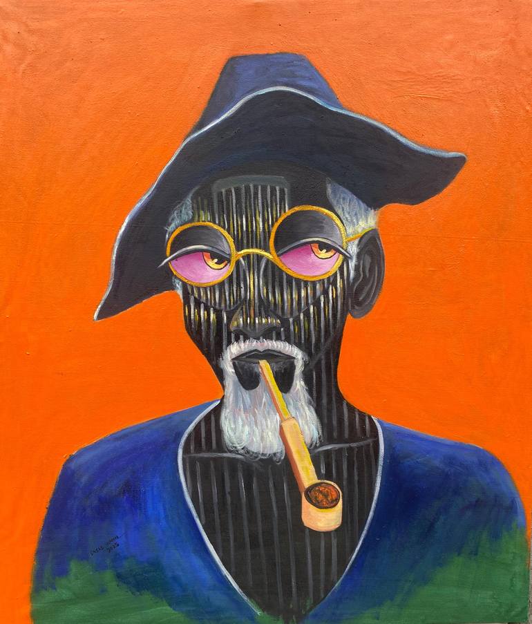 Original Men Painting by Uchenna Victor Okeke | Abstract Art on Canvas | Luku luku series man with hat