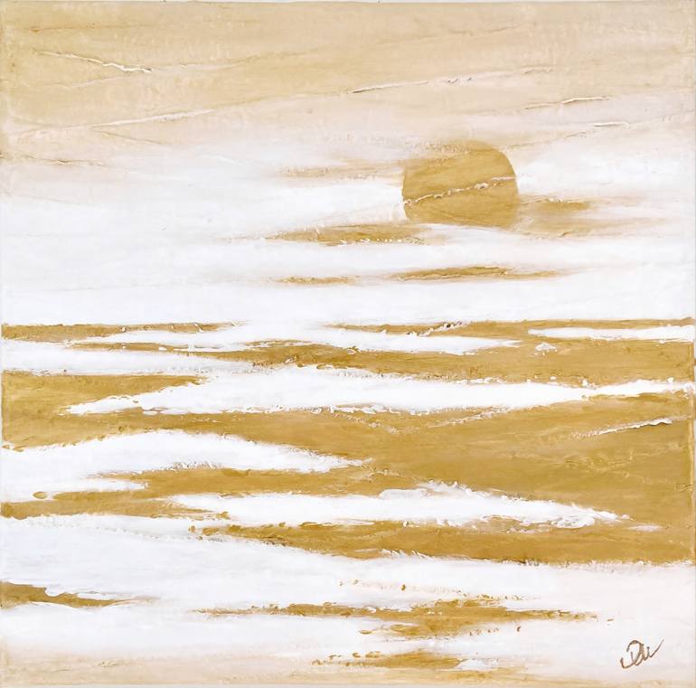Original Seascape Painting by Olivia Maro | Abstract Expressionism Art on Canvas | Golden Sun, acrylic, texture, textile, gold white, seascoup