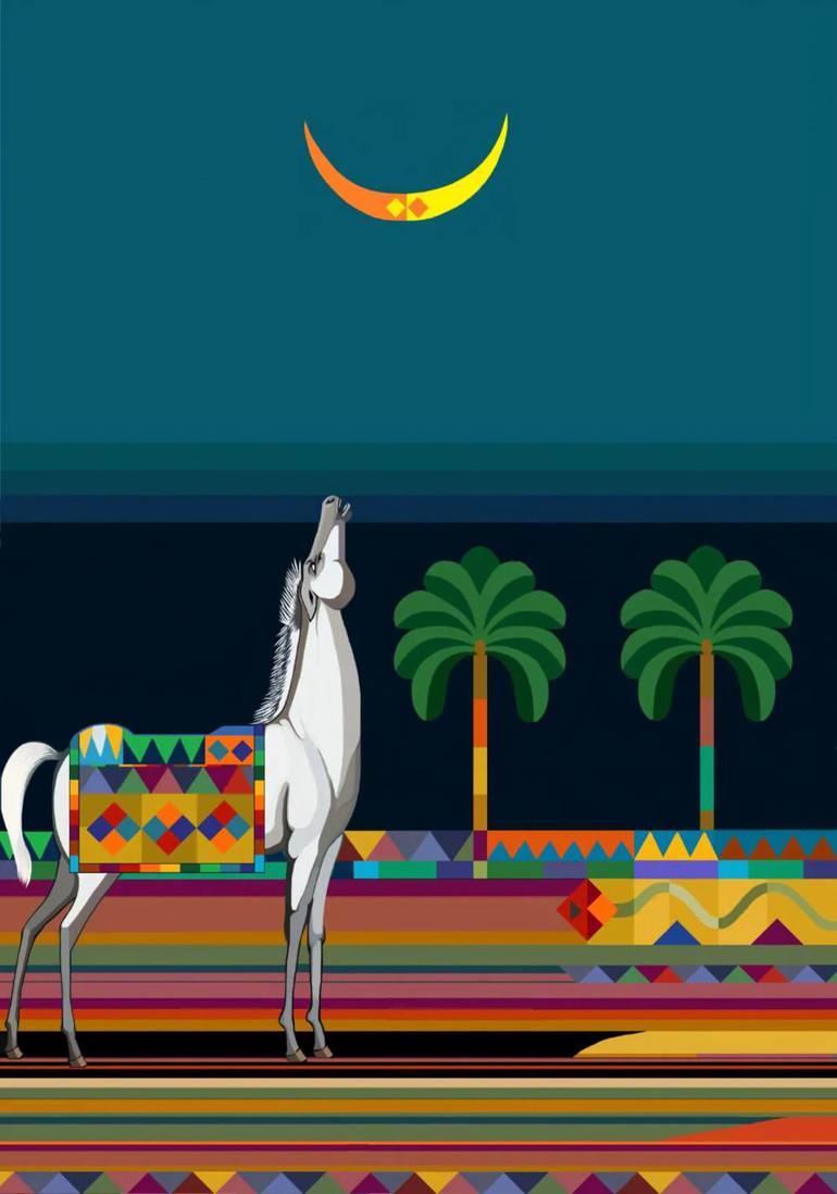 Original Nature Digital by Funoon Arab | Art Deco Art on Canvas | In the Stillness of Night, My Heart /Ghazi Iniam