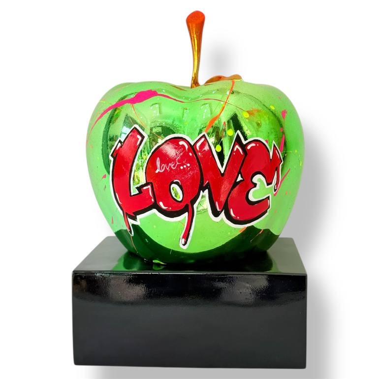 Original Graffiti Sculpture by Ahu Didem Sever | Art Deco Art on Resin | Green Chrome Apple Sculpture LOVE | Pop Art Statement Decor