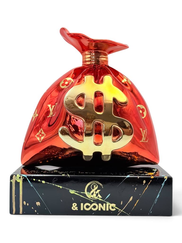 Original Fashion Sculpture by Ahu Didem Sever | Art Deco Art on Resin | Louis Vuitton Money Bag - Red Chrome & Gold Pop Art Sculpture