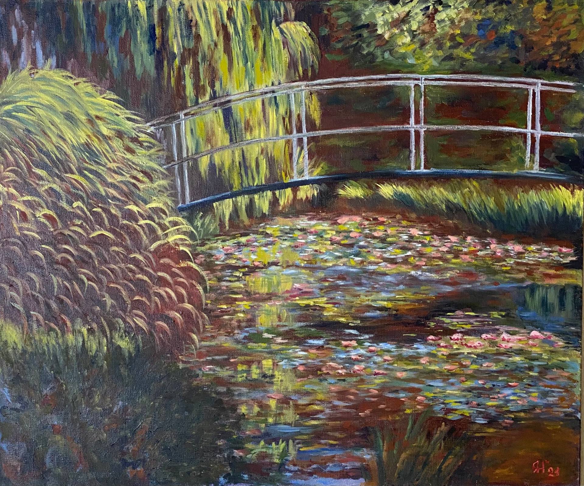 Pond With Water Lilies And A Japanese Bridge–Impressionist Art