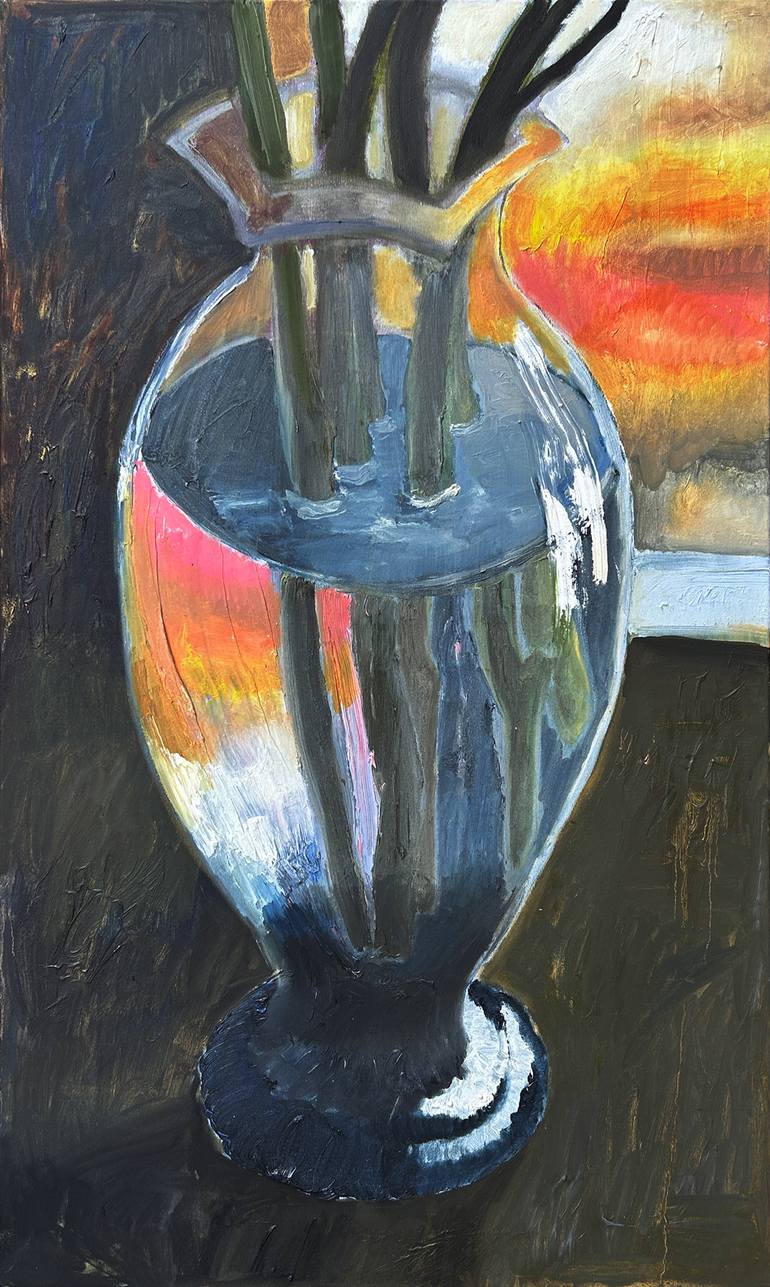 Original Still Life Painting by Anastasia Miasnikova | Figurative Art on Canvas | A Vase and the Sunset