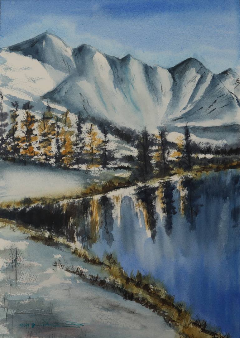 Original Landscape Painting by Eva Mersljakow | Art Deco Art on Paper | Lake in the Mountains (Winter).