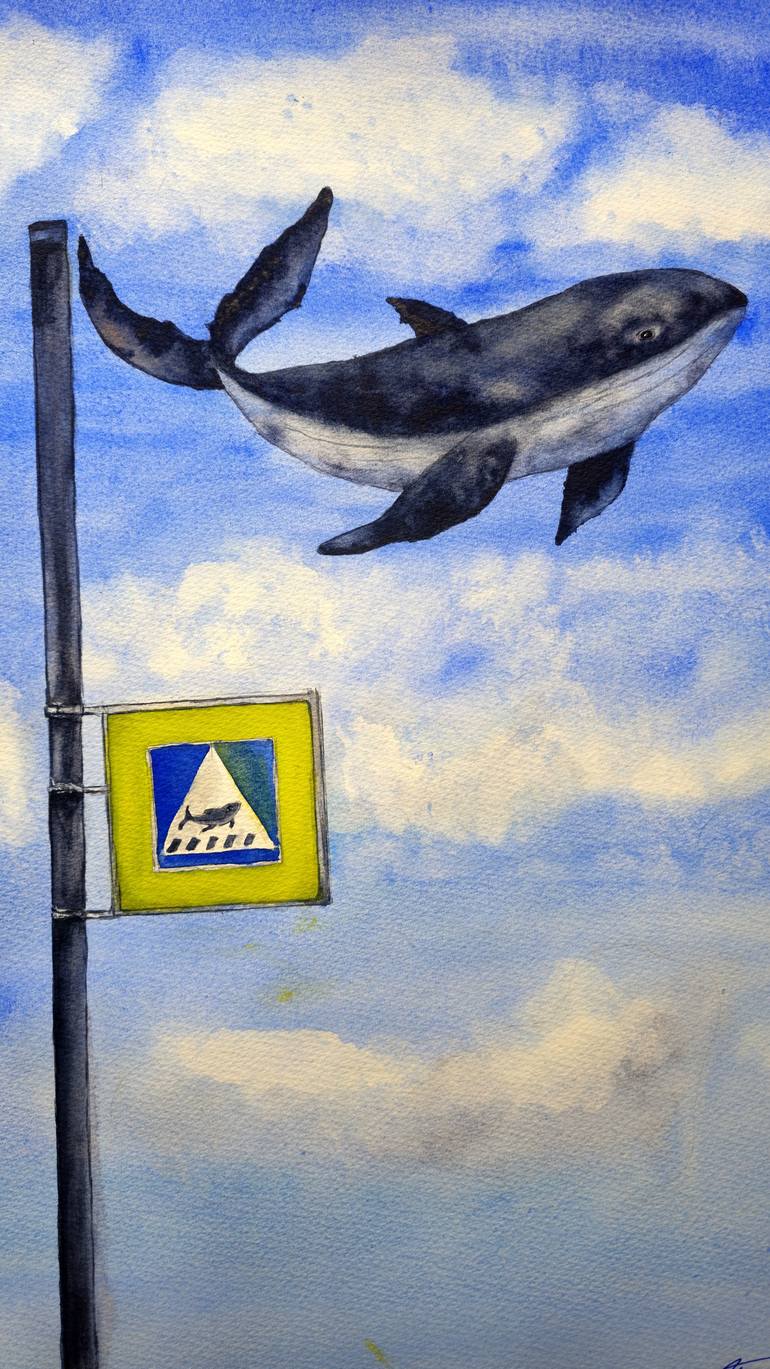 Original Fantasy Painting by Eva Mersljakow | Surrealism Art on Paper | The whale knows the way