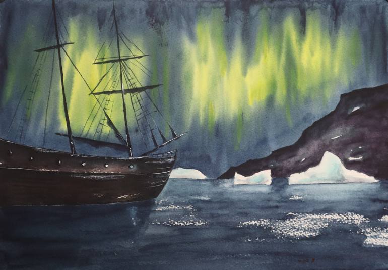 Original Seascape Painting by Eva Mersljakow | Photorealism Art on Paper | Under the Northern Lights
