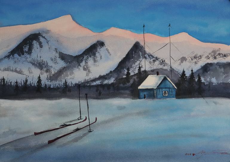 Original Landscape Painting by Eva Mersljakow | Illustration Art on Paper | Winter Calm by the Lake