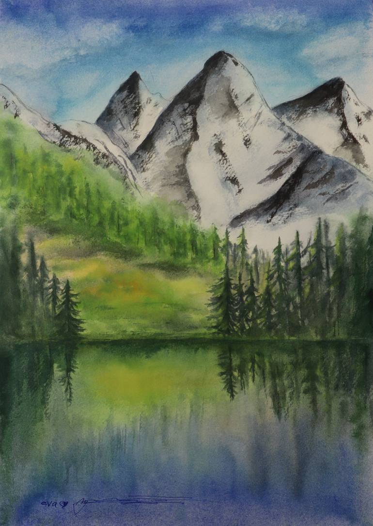 Original Nature Painting by Eva Mersljakow | Illustration Art on Paper | By the Silent Mountain Lake