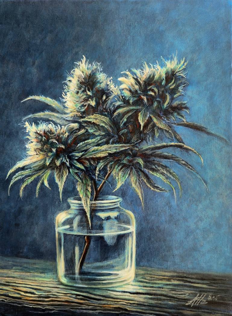 Scent of Indica  Botanical Cannabis Art in Old Masters Technique Painting  by Alla Ostrovsky | Saatchi Art