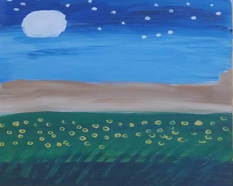 Original Nature Painting by Joao Pedro | Illustration Art on Canvas | Moonlit Night Over the Field