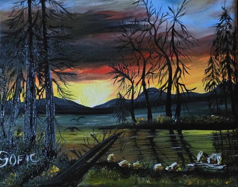 Original Landscape Painting by Mevlida Sofic | Contemporary Art on Canvas | Sunset over the river