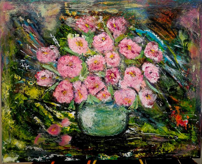 Original Floral Painting by Maia Giorgadze | Abstract Art on Canvas | Pink Echo in Green