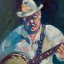 A study of a local banjo player in West Sussex..Oil on gesso primed panel with (hand) Stained Ash Frame..