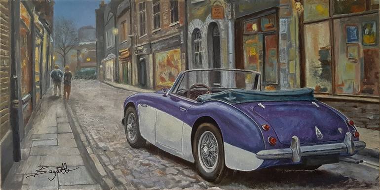 Classic car oil painting Austin Healey 3000 set in old London