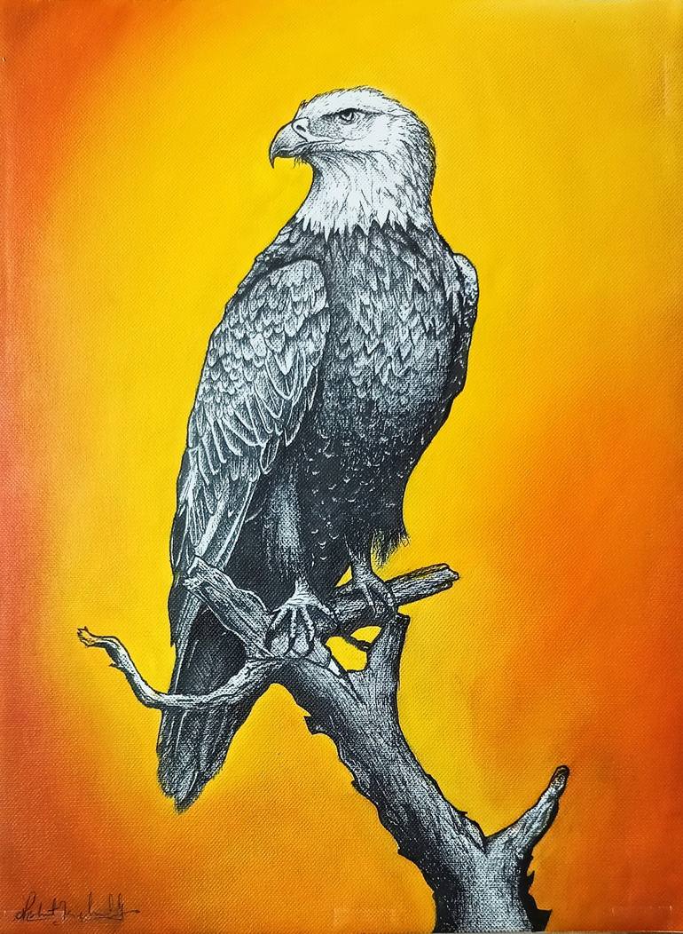 Original Animal Mixed Media by Nishant Choudhary | Photorealism Art on Canvas | Guardian of the Golden Horizon