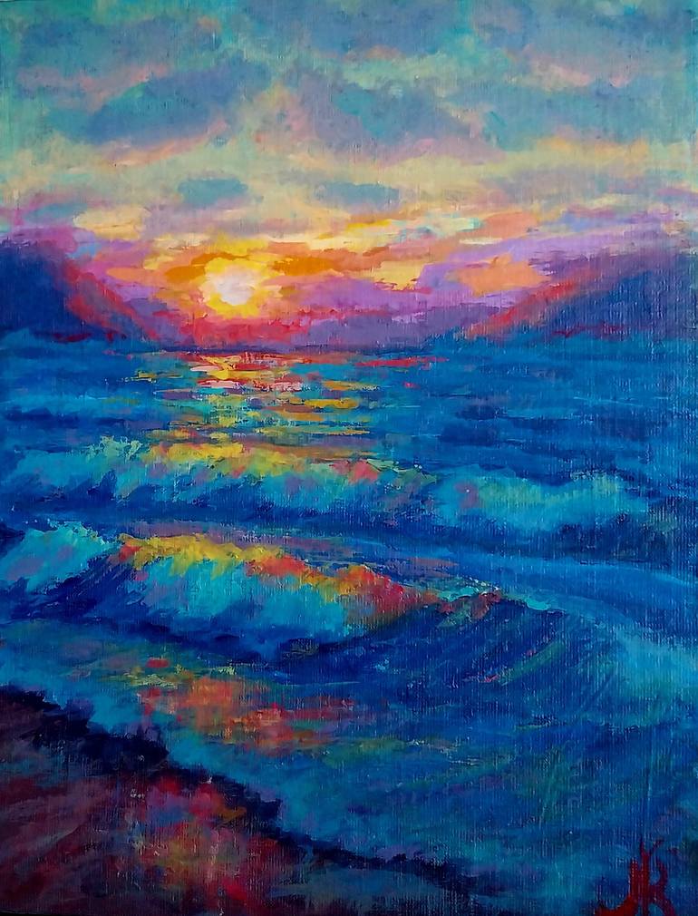 Original Landscape Painting by Nataly Kenny | Impressionism Art on Canvas | Sunset and the waves